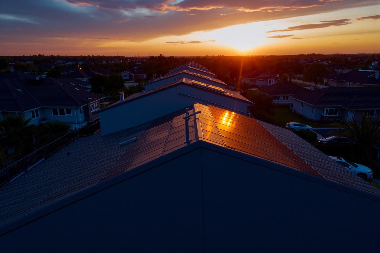 Modern home with solar panels at sunset